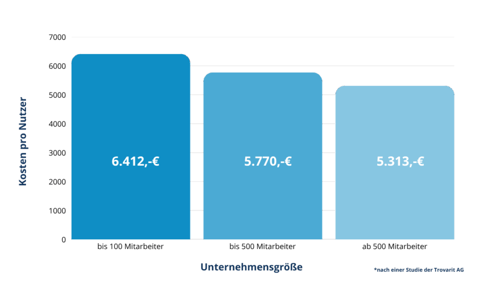 Grafik (nach einer Studie der Trovarit AG) zu den Gesamtkosten einer ERP-Implementierung: bis 100 Mitarbeiter 6.412,- € bis 500 Mitarbeiter 5.770,- € ab 500 Mitarbeiter 5.313,- €