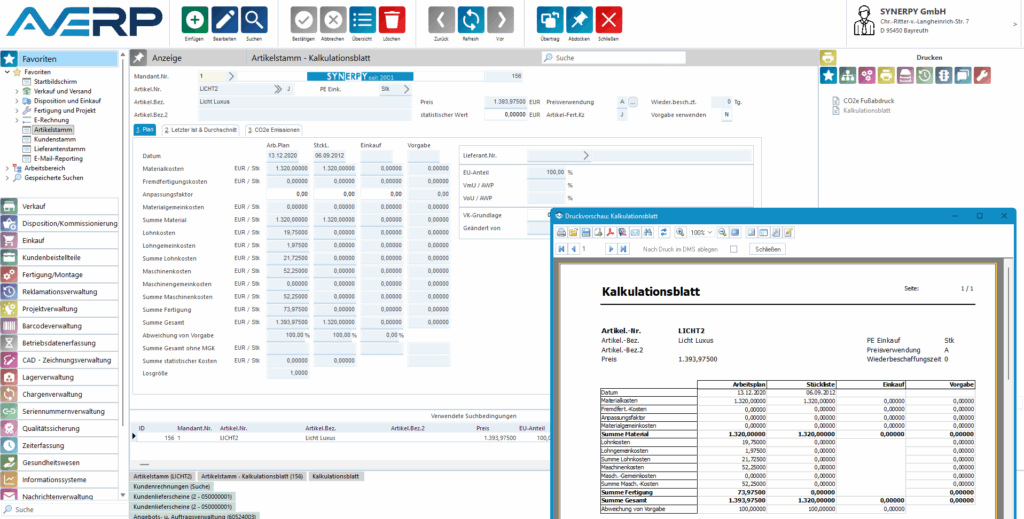 Eine AvERP-Maske, die das Kalkulationsblatt von einem Artikel zeigt inkl. der Druckvorschau des Kalkulationsblattes.