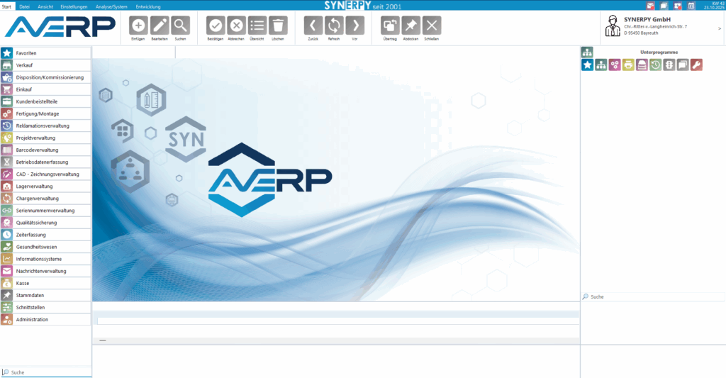 Startseite von AvERP mit Hintergrundbild und den einzelnen Bereichen.