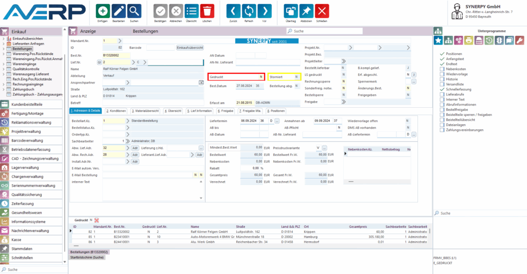 Eine Maske welche eine Übersicht über Bestellungen gibt.