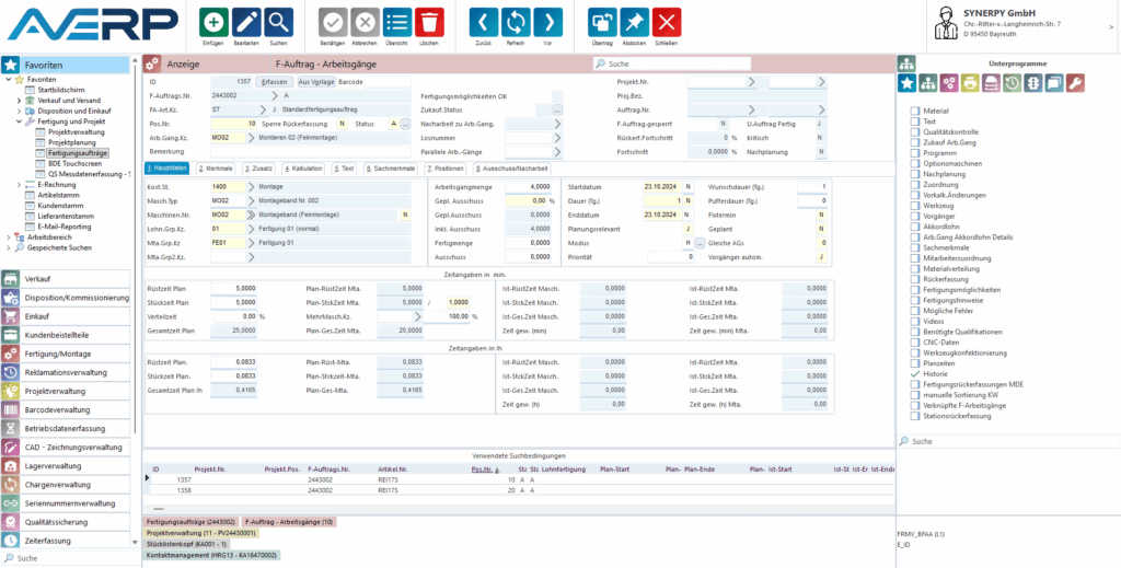 Eine Maske, welche die Arbeitsgänge zu dem jeweiligen Fertigungsauftrag aufzeigt.