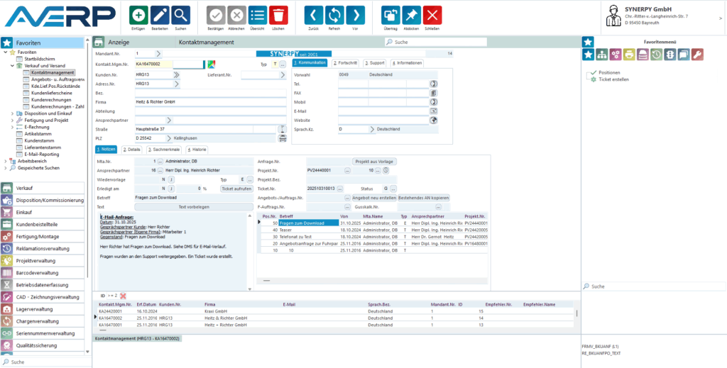 Eine AvERP-Maske, in der Kundeninformationen gepflegt werden können.
