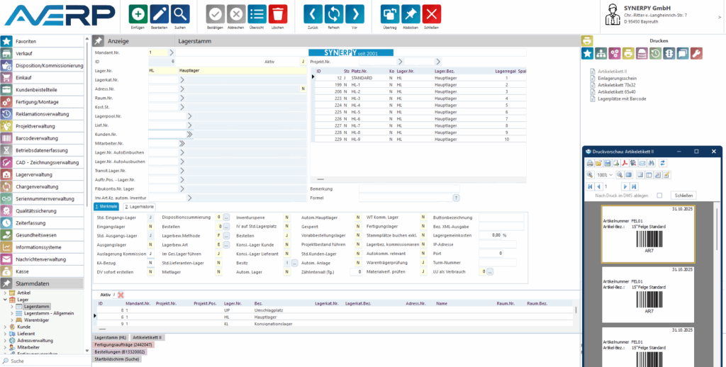Eine Maske für den Lagerstammt inkl. der Druckvorschau für Artikeletiketten