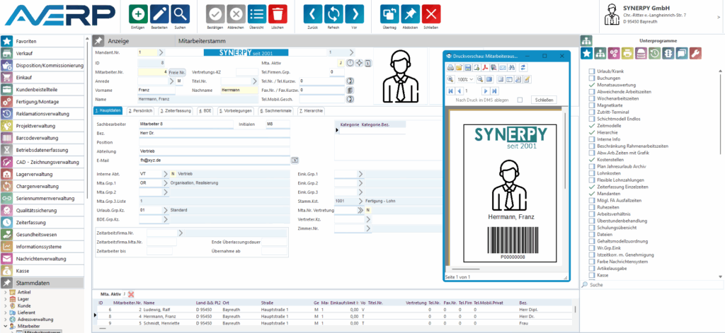 Eine Maske, in der der Mitarbeiterstamm eingetragen werden kann. Zugleich kann auch ein Mitarbeiterausweis gedruckt werden.