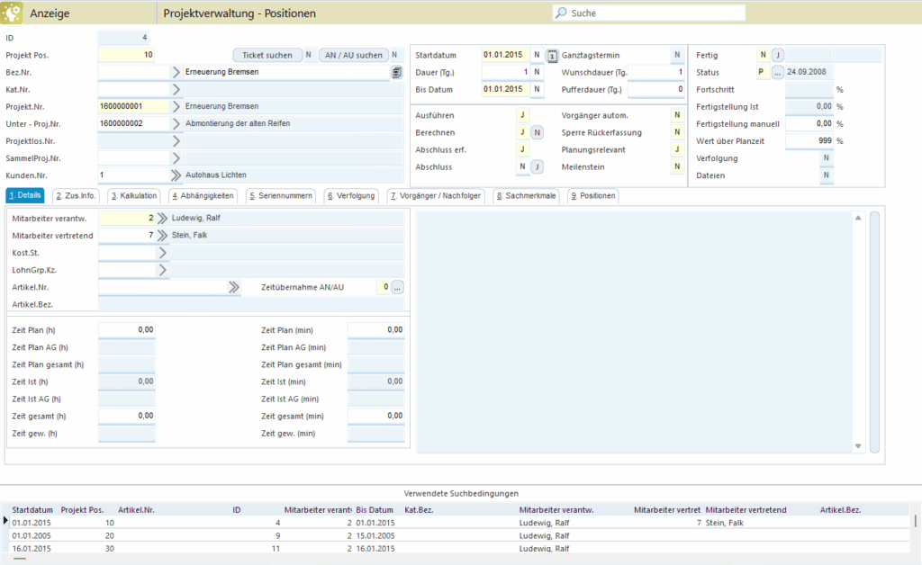 AvERP-Maske welche die verschiedenen Positionen eines Projektes darstellt.