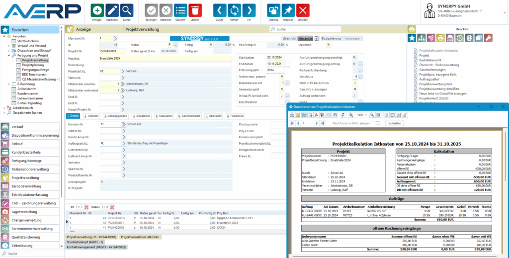 Eine Maske, welche die Projektverwaltung abbildet und die Druckvorschau zur Projektkalkulation