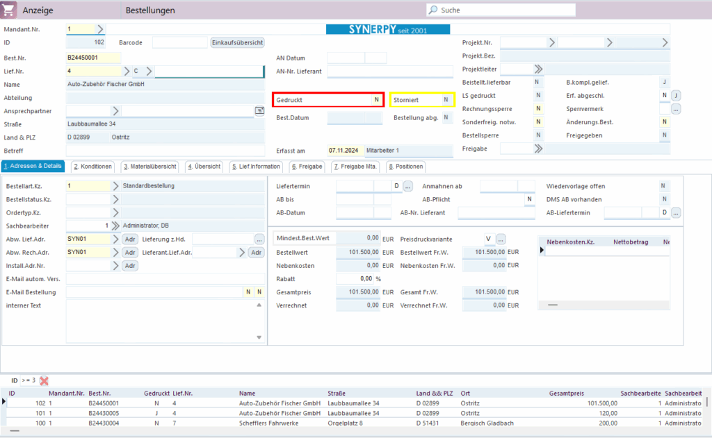 Eine Maske für die einzelnen Bestellungen in AvERP.