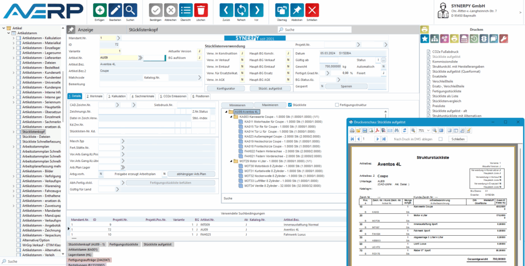 Ein AvERP-Maske die den Stücklistenkopf abbildet. Inkl. der Druckvorschau, wenn eine Stückliste ausgelöst wird.