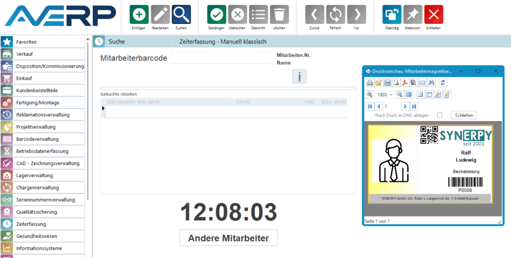 Eine klassische Maske zur Zeiterfassung mit Mitarbeiterbarcode und einer Druckvorschau einer Mitarbeitermagnetkarte