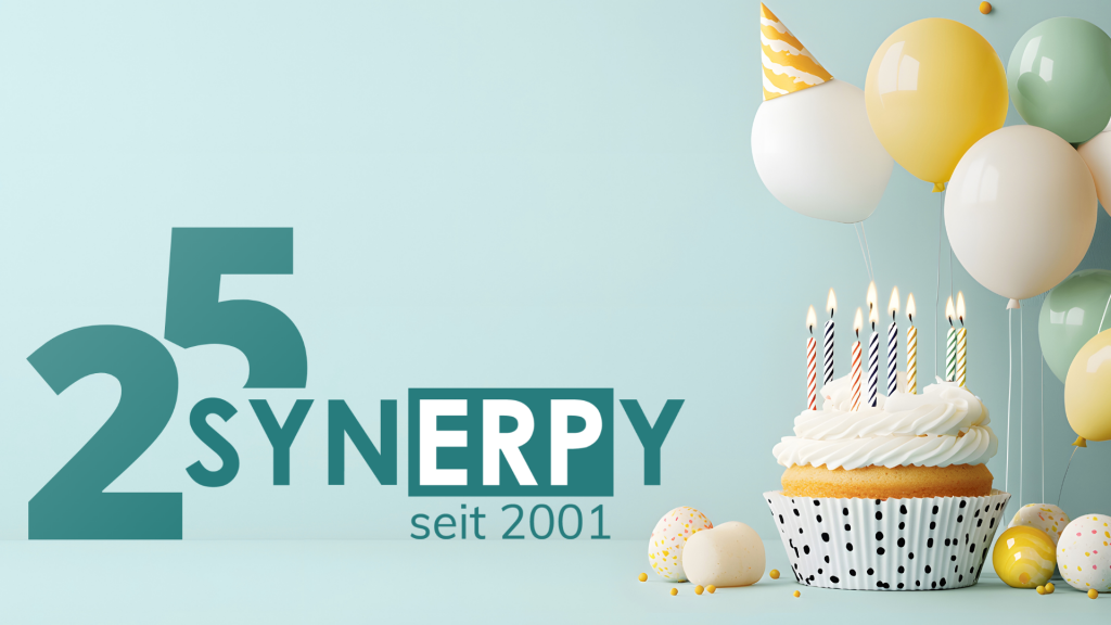 Jubiläumslogo mit Luftballons und Kuchen.