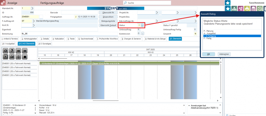 AvERP Maske: Fertigungsaufträge; Arbeitsgang Übersicht