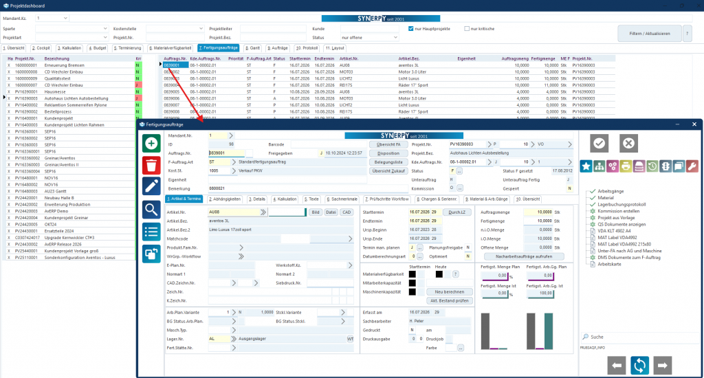 AvERP Maske: Projektdashboard; Fertigungsaufträge