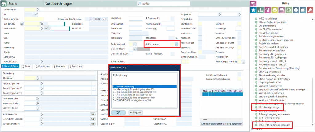 AvERP Maske: BRRC Kundenrechnungen, E-Rechnung inkl. Utilitys