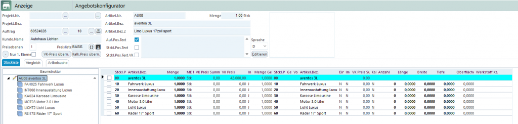 AvERP Maske: BSTCKL Angebotskonfigurator