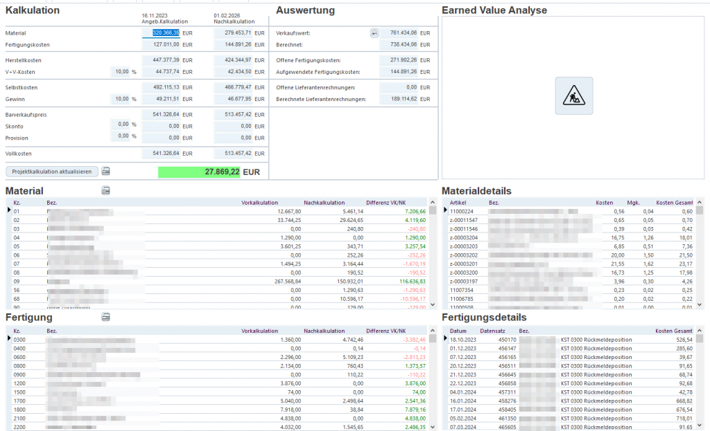 AvERP-Maske: Projektdashboard Kalkulation